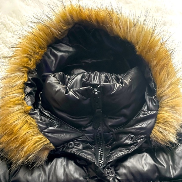 AQUA Jet Black Hooded Down Jacket With Fur Trim Size Small - Picture 6 of 15